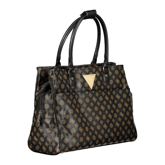 Guess Jeans brown polyethylene handbag with two shoulder handles, external pocket, three compartments, and contrast details.