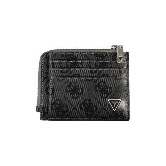 Guess Jeans sleek black leather wallet with contrasting accents, external pockets, and zip closure.