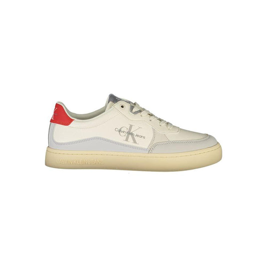 Calvin Klein white polyester sneaker with laces, contrast red detail, and logo print on side, made with 50% recycled rubber.