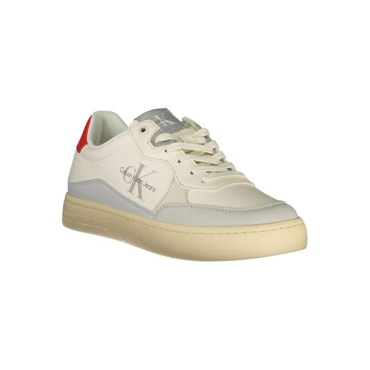 Calvin Klein white polyester sneaker with laces, contrast details, and printed logo, made from 50% recycled thermoplastic rubber.