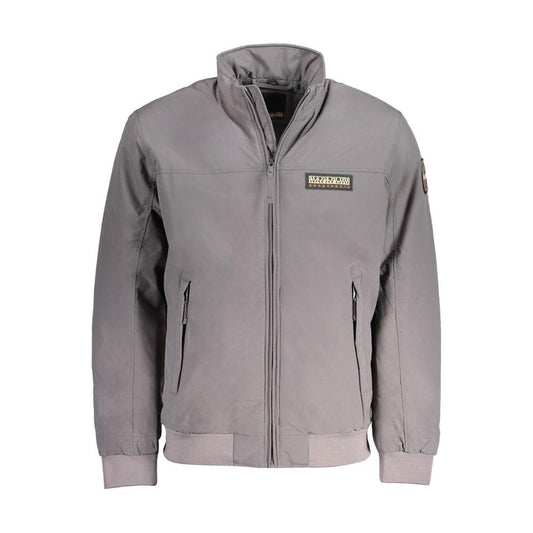 Napapijri gray polyamide jacket with long sleeves, regular fit, two external pockets, one internal pocket, zip, and logo patch.