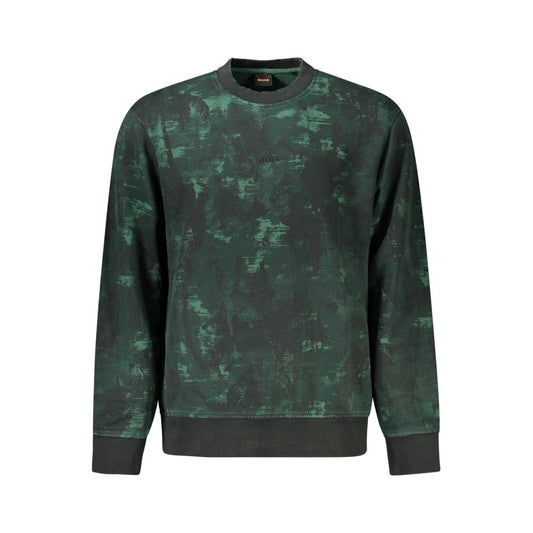 Hugo Boss Green Cotton Men Sweater with contrasting embroidery and crew neck design for contemporary style.