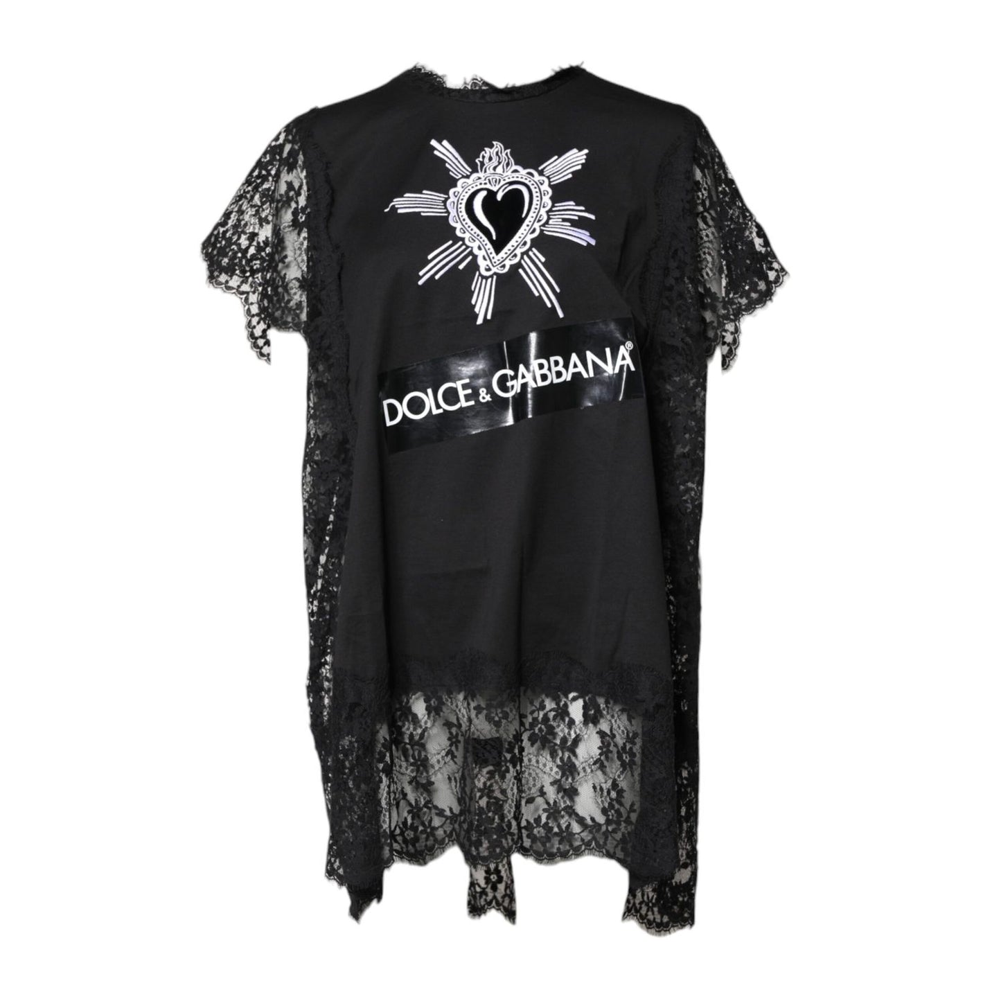 Dolce & Gabbana Black Lace Sheer Sacred Heart Crew Neck Top