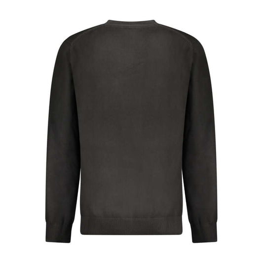 Back view of Calvin Klein black cotton men's crew neck sweater with iconic logo. Sleek and luxurious design for the modern man.