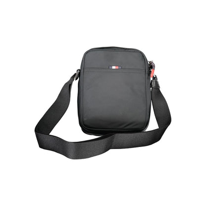 Tommy Hilfiger Black Polyester Shoulder Bag with adjustable strap, zip closure, logo, and recycled polyester material.