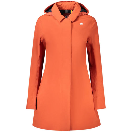 K-WAY Red Polyester Women Coat with removable hood, front closures, and pockets, featuring the brand's logo on the front.