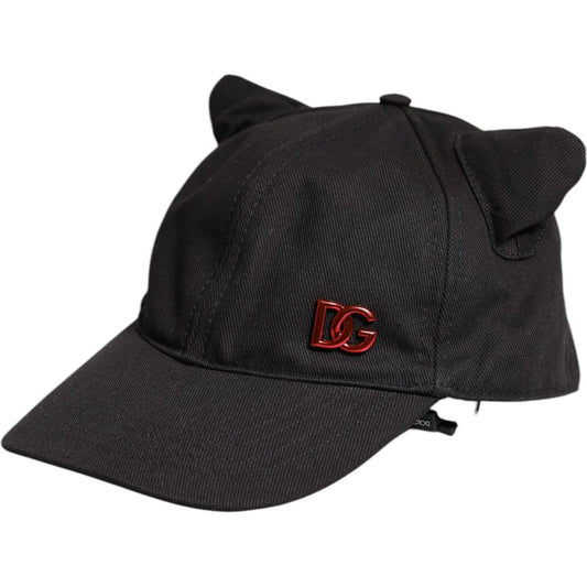 Dolce & Gabbana black cotton baseball cap with logo patch and unique ear design, made in Italy