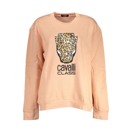 Cavalli Class pink fleece crew neck sweater with stylish leopard print and logo, perfect for layering and adding chic elegance to any outfit.