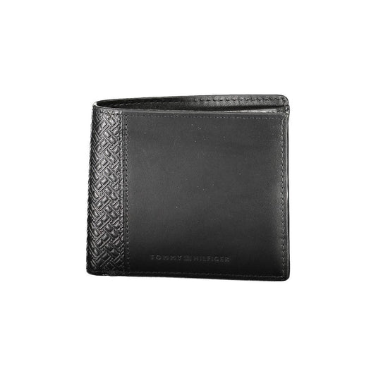 Tommy Hilfiger black leather men's wallet with embossed pattern and logo, featuring multiple compartments for cards and coins.