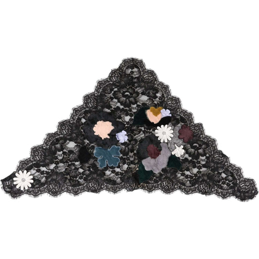 Dolce & Gabbana black lace floral applique cotton veil hat with logo details, featuring intricate floral design. Made in Italy.