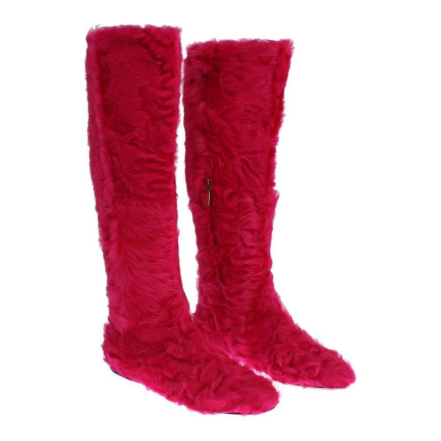 Dolce & Gabbana Pink Lamb Fur Leather Flat Boots