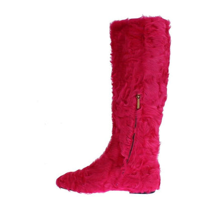 Dolce & Gabbana Pink Lamb Fur Leather Flat Boots