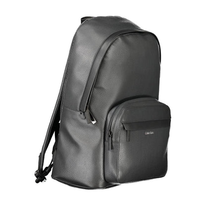 Calvin Klein Black Polyester Men Backpack with sleek design, adjustable straps, and external pocket for modern functionality.