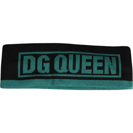 Dolce & Gabbana black silk DG Queen headband with green knitted logo details, made in Italy, luxury women's accessory.