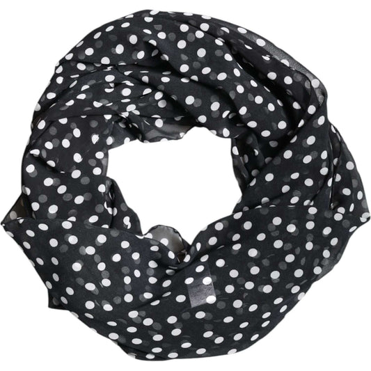Dolce & Gabbana black polka dots wrap shawl scarf, 100% polyester, 120x200cm, luxurious Italian design. Made in Italy.