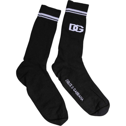 Dolce & Gabbana black cotton mid calf men's socks with logo, made in Italy, perfect for style and comfort.