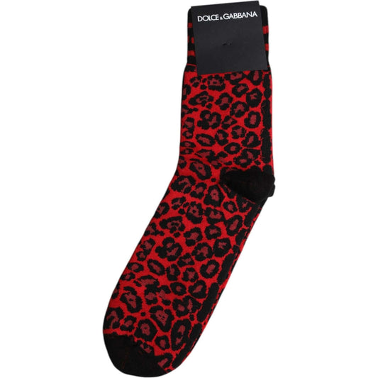 Dolce & Gabbana black red leopard mens mid calf socks, cotton blend, logo featured, made in Italy.