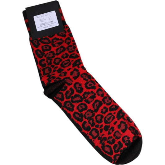 Dolce & Gabbana black red leopard men's mid calf socks, cotton blend, made in Italy.