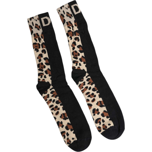 Dolce & Gabbana men's nylon mid calf socks with black brown leopard print, logo detail, made in Italy, 62% nylon, store sample.