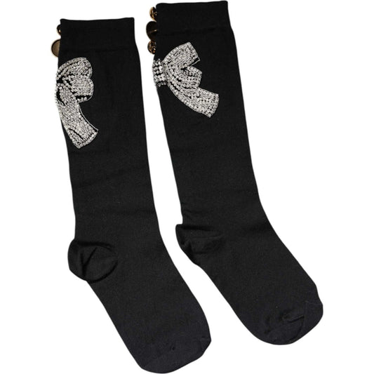 Dolce & Gabbana black knit socks with floral crystal embellishments, made in Italy, featuring a virgin wool blend for a stylish look.