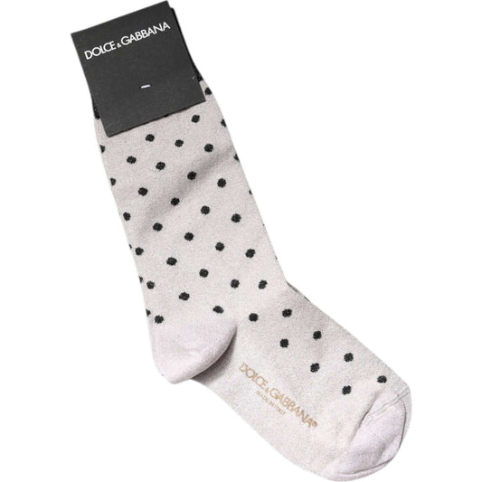 Dolce & Gabbana gray dotted stretch socks with viscose blend, mid-calf length, featuring brand logo, made in Italy.