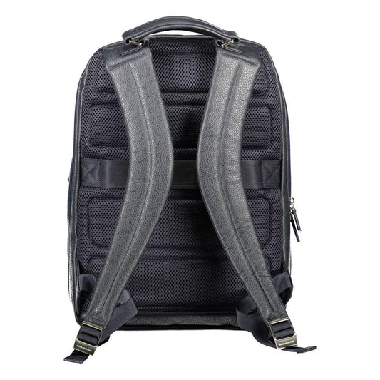Back view of Piquadro Blue Leather Men's Backpack with adjustable straps and padded back support