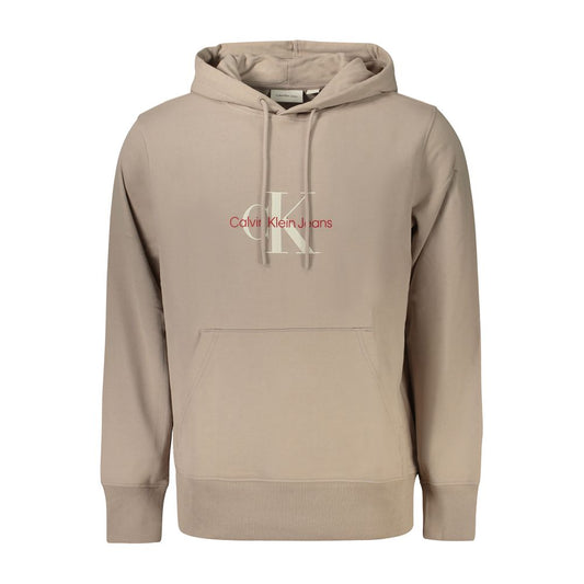 Calvin Klein beige cotton men’s hooded sweatshirt with central pocket, featuring urban chic design in 100% regenerative cotton.