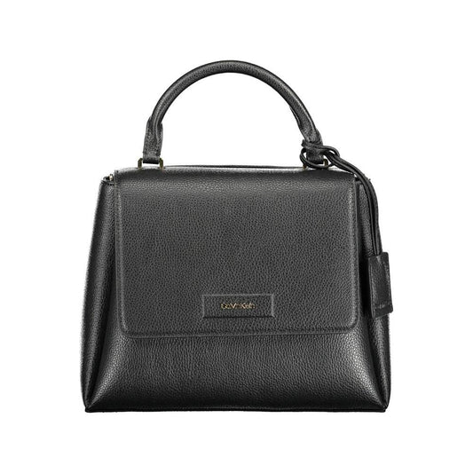 Calvin Klein black polyester women's handbag with top handles and adjustable shoulder strap, featuring a sleek design and practical compartments.