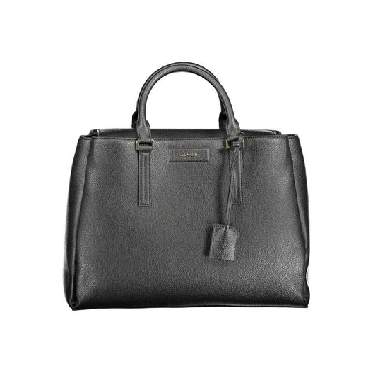 Calvin Klein black polyester women's handbag with dual handles and removable strap, featuring multiple compartments and elegant design.