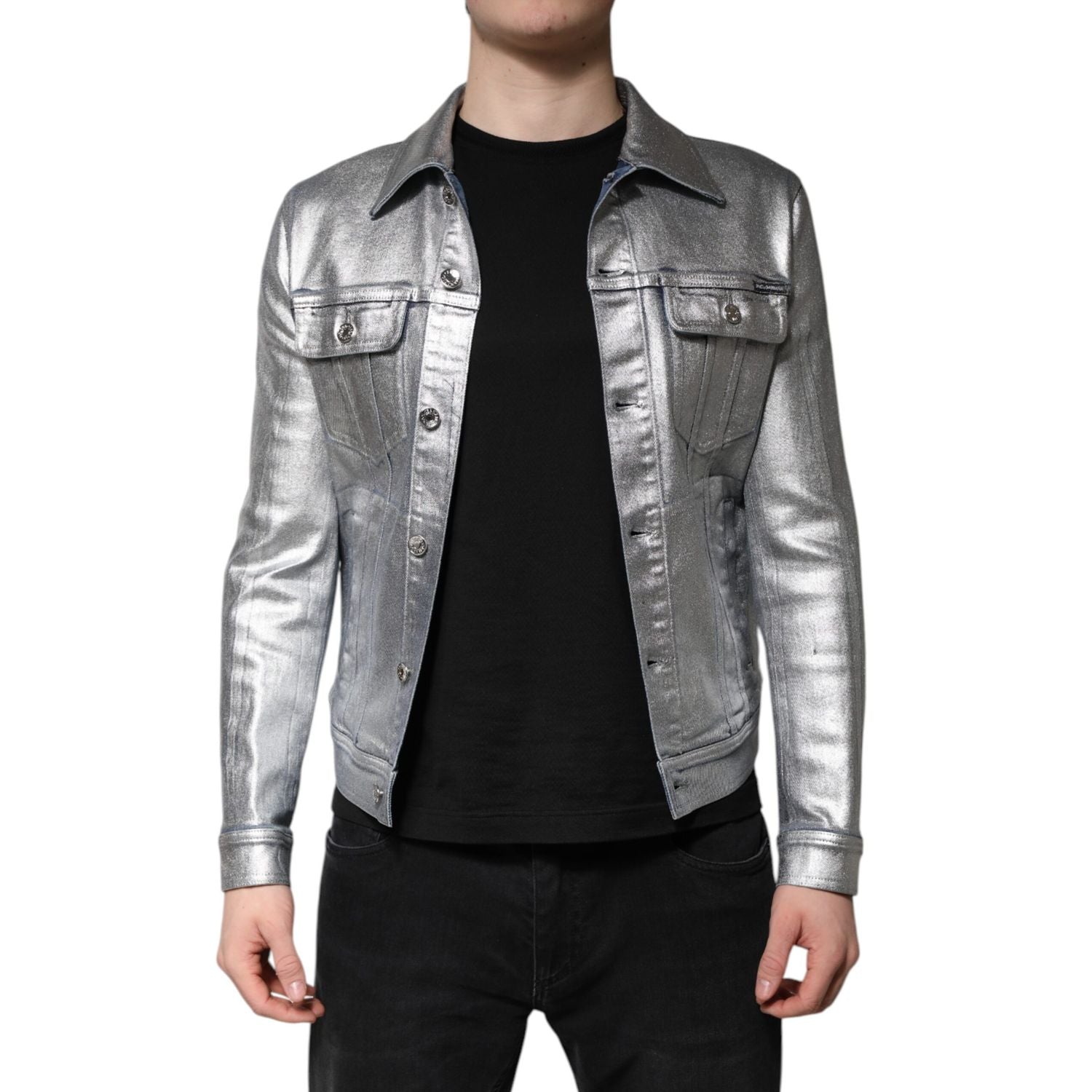 Dolce & Gabbana Silver Cotton Button Down Denim Biker Jacket