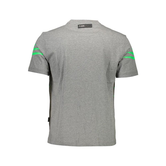 Back view of Plein Sport gray cotton men's t-shirt with green accent stripes, featuring short sleeves and crew neck design.
