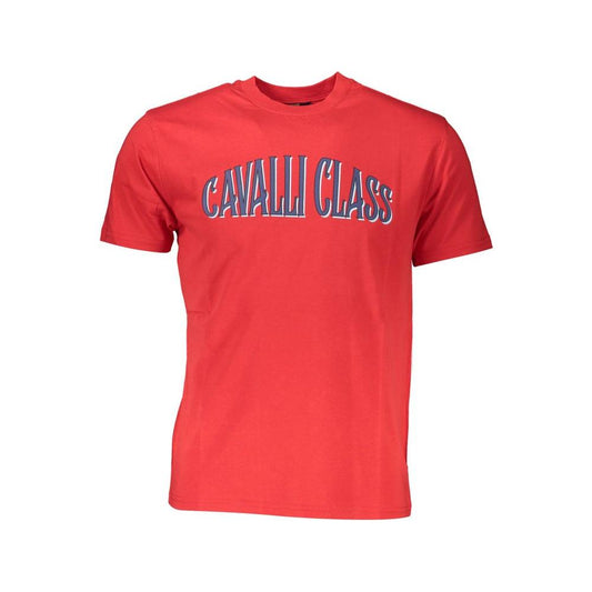 Cavalli Class Red Cotton Men's T-Shirt with iconic logo print, 100% cotton, luxury casual fashion, regular fit, bold red color.