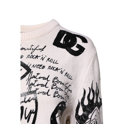 Dolce & Gabbana White Black Logo Print Women Pullover Sweater