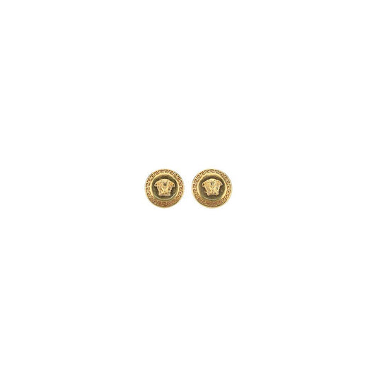 Gold Versace earrings with iconic embossed Medusa head design, elegant and luxurious fashion accessory.
