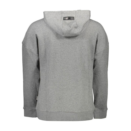 Back view of Plein Sport gray cotton men's sweatshirt with hood and contrasting details