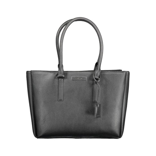 Calvin Klein black polyethylene handbag with structured form, dual shoulder straps, and secure zip closure for eco-conscious style.
