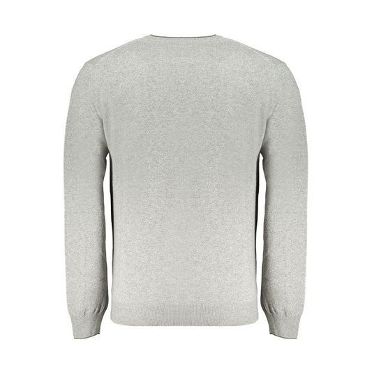 Back view of Harmont & Blaine gray cashmere sweater with long sleeves, crew neck, contrast details, and logo embroidery.