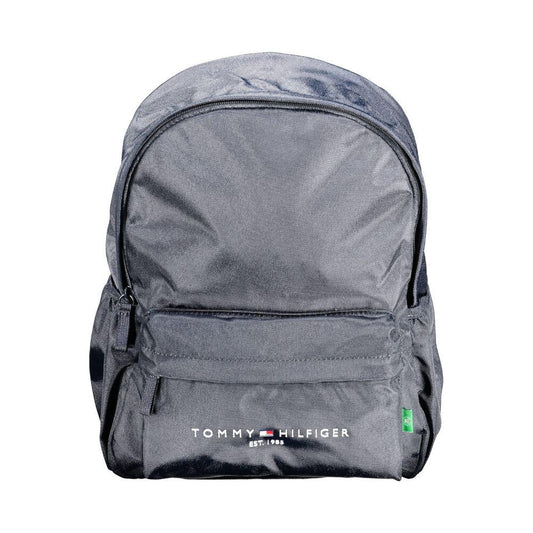 Tommy Hilfiger blue polyester men's backpack with logo, adjustable straps, eco-friendly material, and multiple pockets.