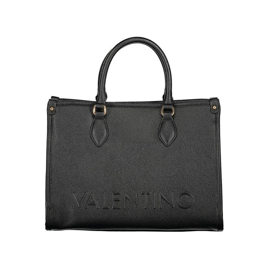Valentino black handbag with two handles, adjustable strap, zip closure, internal pockets, and logo detailing, made from recycled materials.
