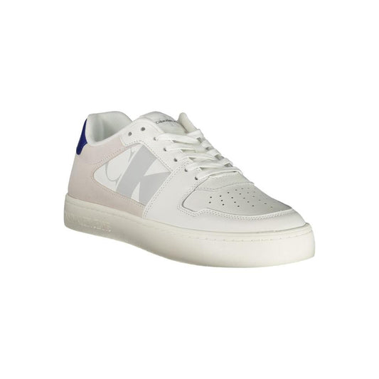Calvin Klein white leather men's sneaker with logo, eco-friendly design, bold contrast details for style-conscious, sustainable footwear.