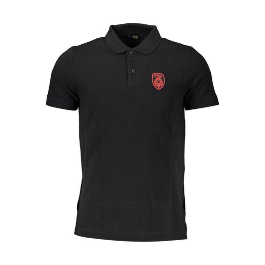 Cavalli Class black cotton men's polo shirt with red embroidery and logo, featuring a 3-button placket, elegant and sophisticated design.
