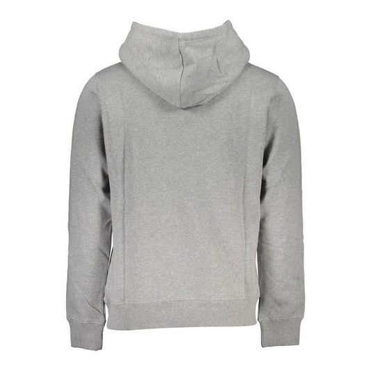 Back view of Calvin Klein gray cotton men's sweater with hood and fleece interior.