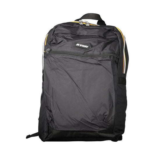 K-WAY black polyamide men's backpack with contrast detailing and multiple pockets, showcasing sleek, modern design and functionality.