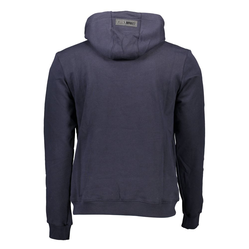 Back view of Plein Sport Blue Cotton Men Sweater featuring a hood and logo detail.