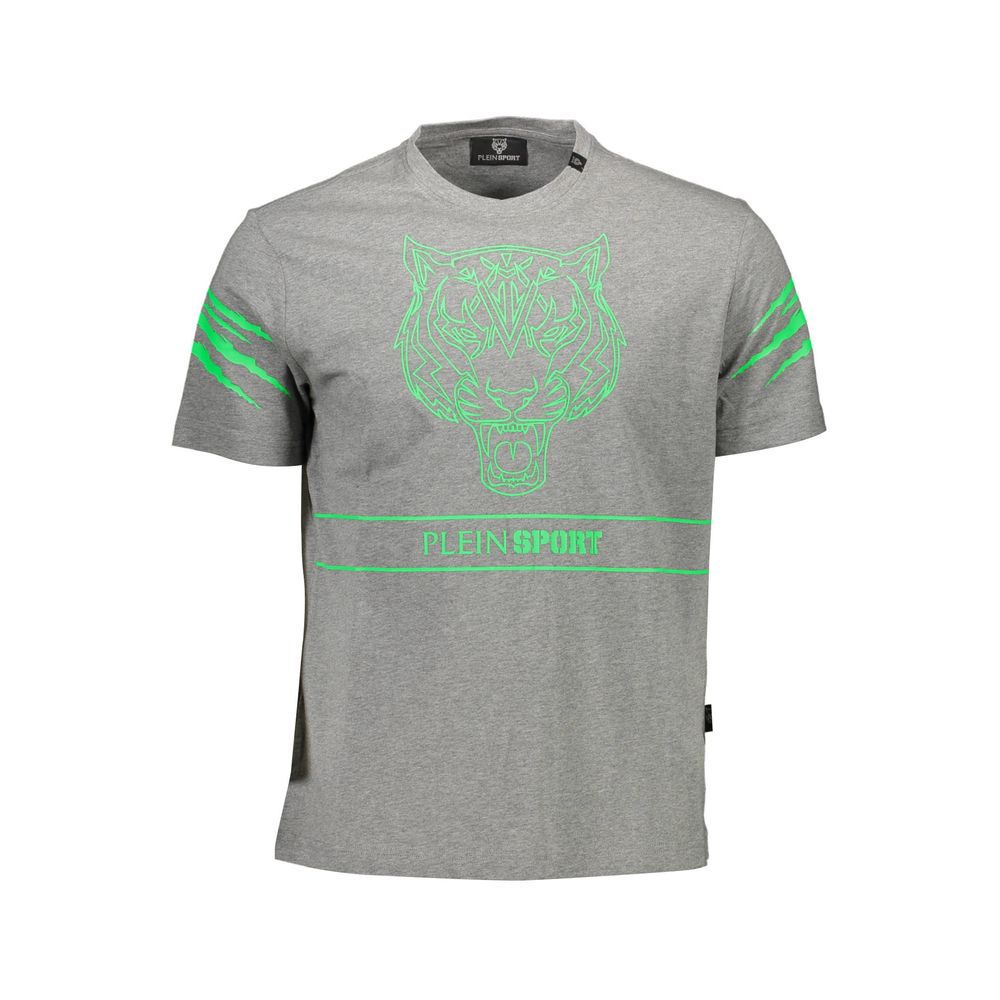 Plein Sport Brown Cotton Men T-Shirt with bold print, featuring contrasting details and logo on front, made from premium cotton material.