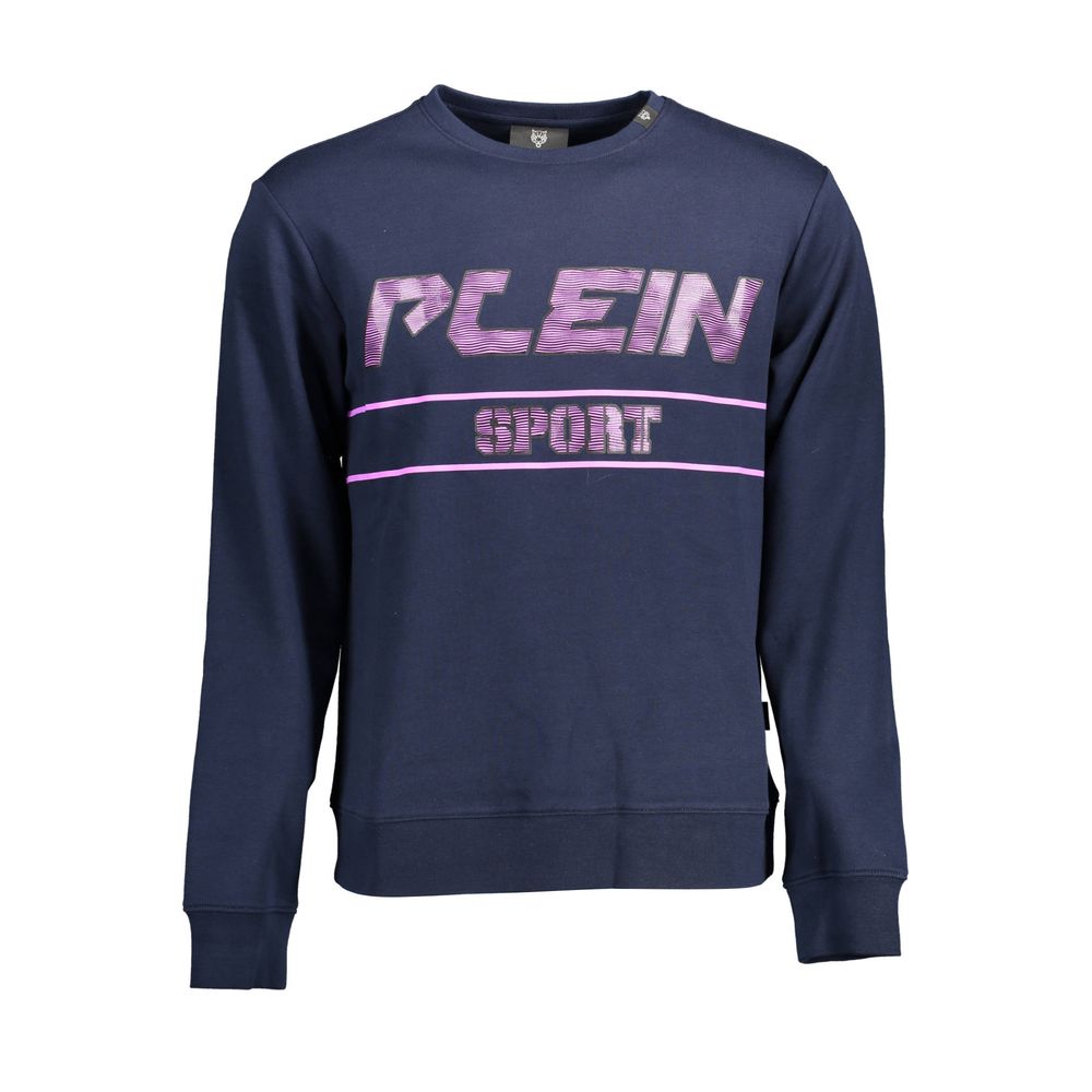 Plein Sport Blue Cotton Men Sweater with bold contrasting details and striking print, embodying luxury and an edgy urban style.