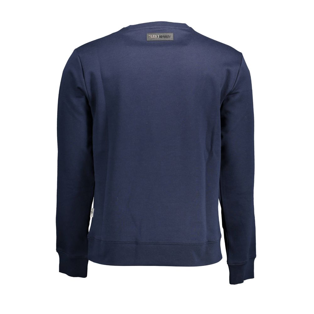 Back view of Plein Sport Blue Cotton Men Sweater showcasing its sleek design and luxurious cotton blend for a bold urban style.