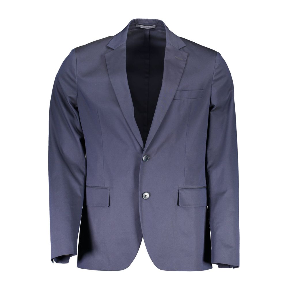 Gant Blue Cotton Men Jacket with sharp tailoring and button fastenings, featuring two external pockets and the iconic Gant logo.