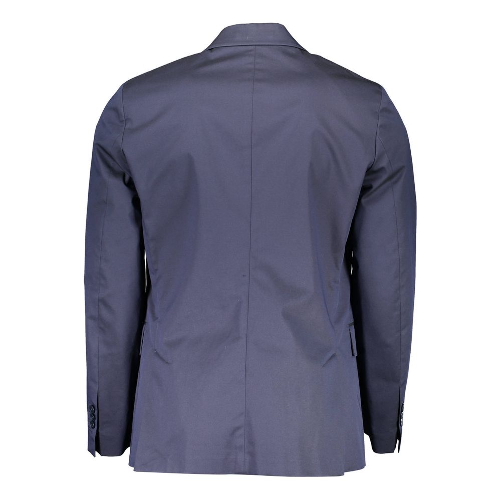 Back view of Gant Blue Cotton Men Jacket with elegant tailoring and classic design, featuring buttoned sleeves and subtle logo detail.