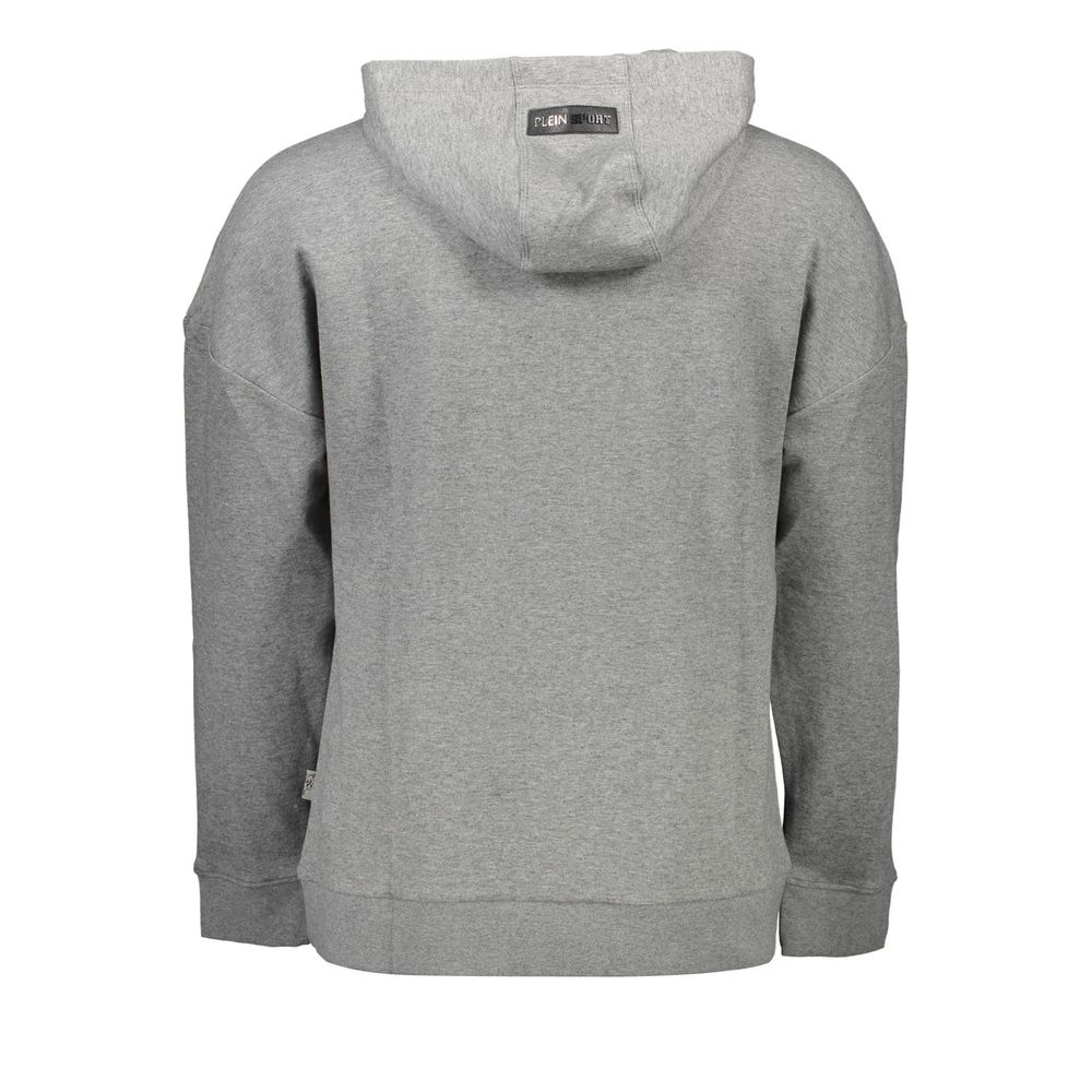 Back view of Plein Sport Gray Cotton Men Sweater showcasing hood and design details.
